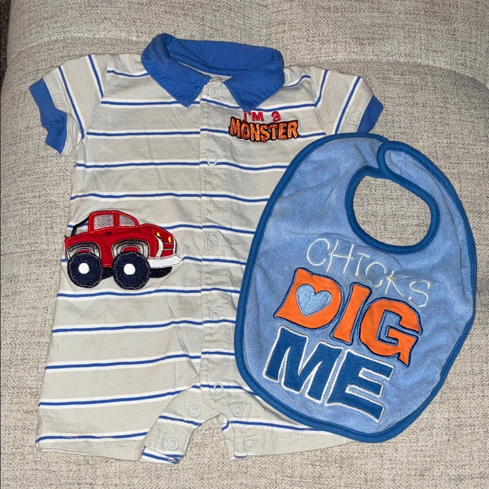 Child of Mine Blue and White Striped Romper with Car Patch and Bib